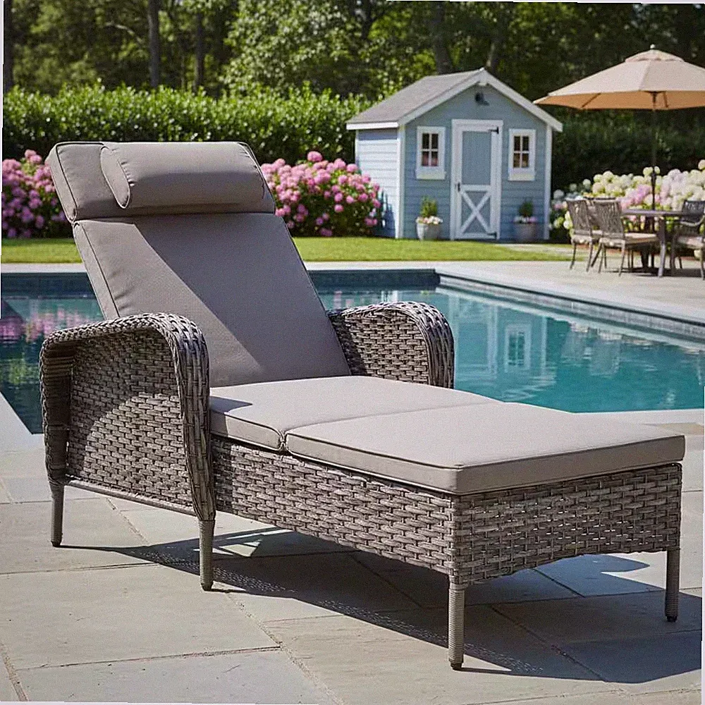 Gray Wicker Outdoor Folding Chaise Lounge Chair Fully Flat for Patio with Cushio