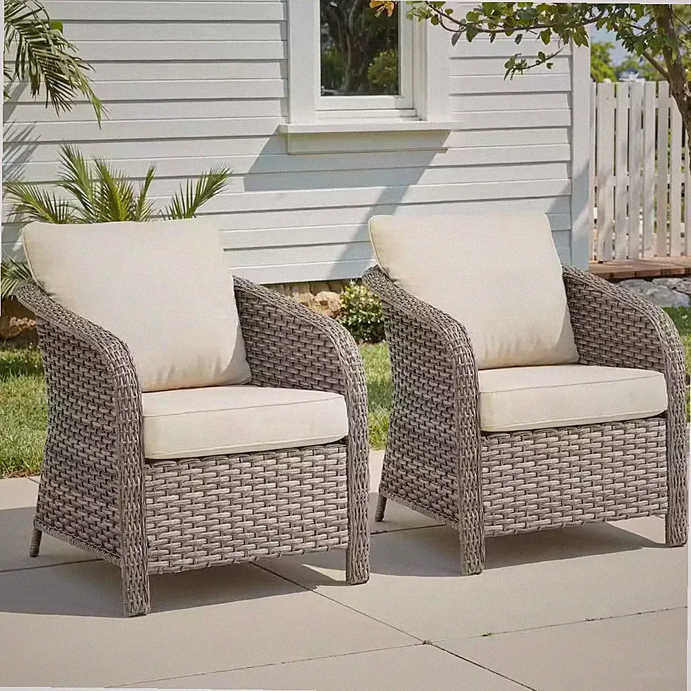 Nest Barrel Light Gray Wicker Outdoor Lounge Chairs with Olefin Beige 4 In. Thic