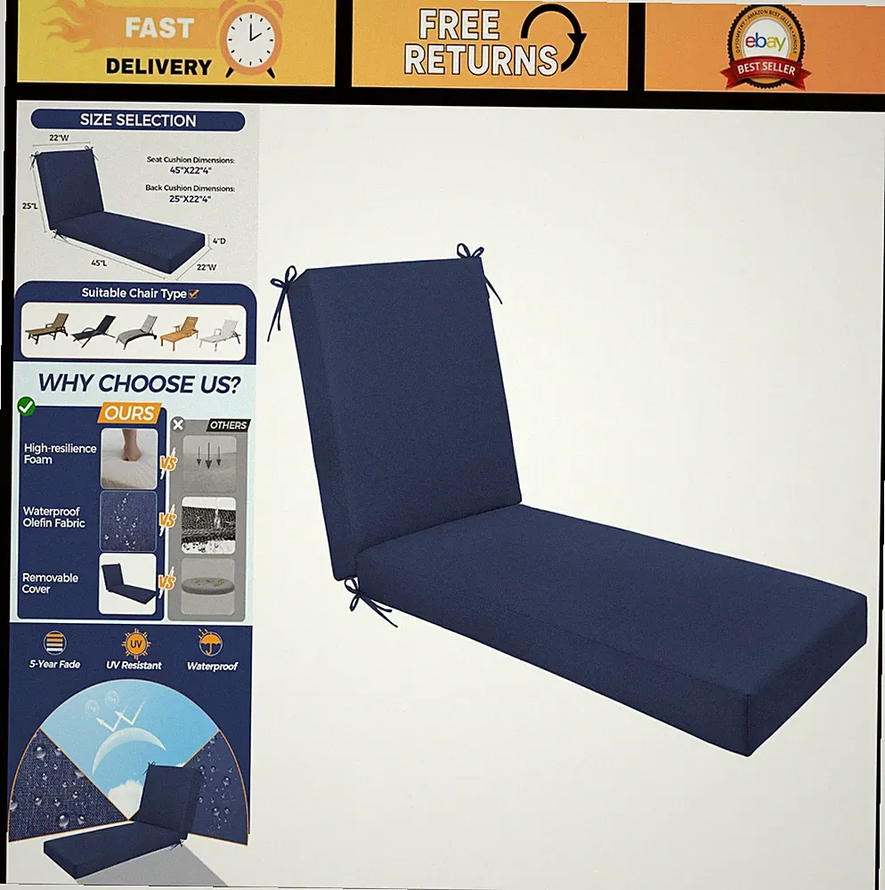 Waterproof Outdoor Chaise Lounge Cushion - Fade Resistant Patio Lounger, 70x22x4