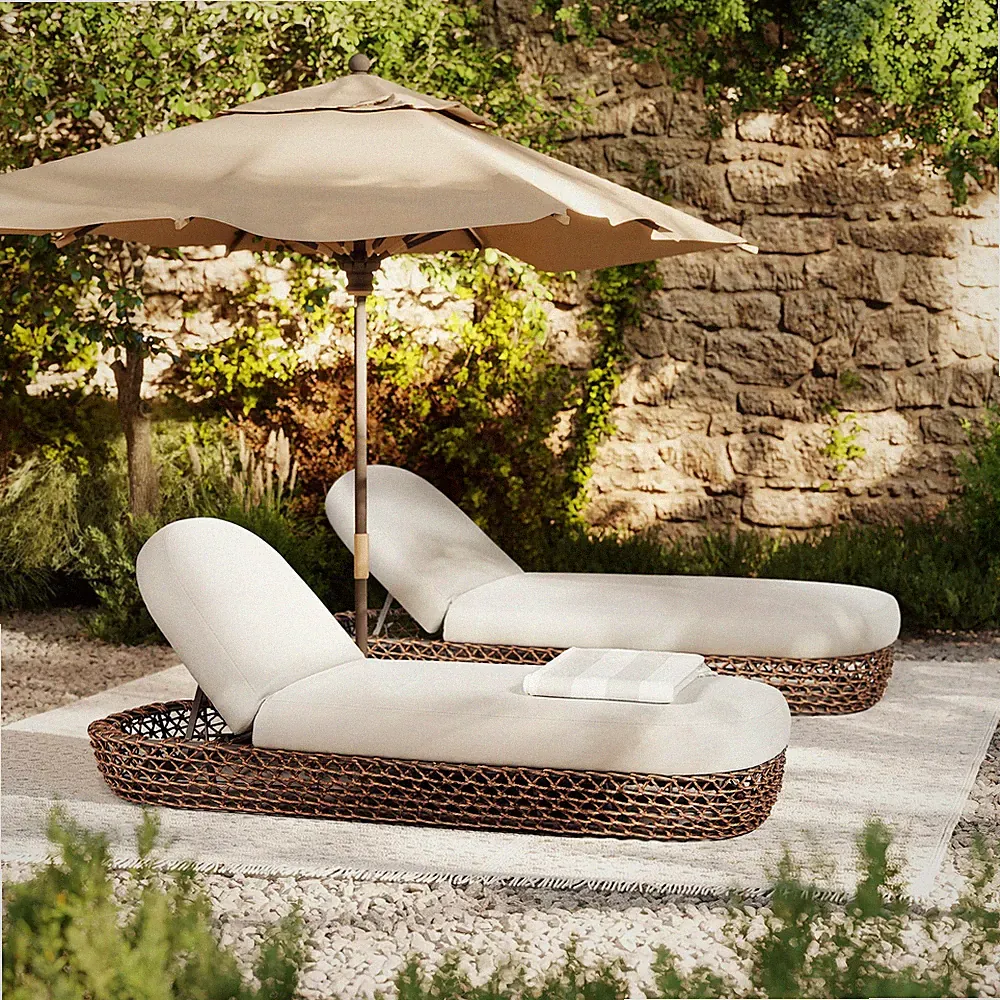 Willos 80.5" Upholstered Woven Patio Lounger Wicker Frame Beige Olefin